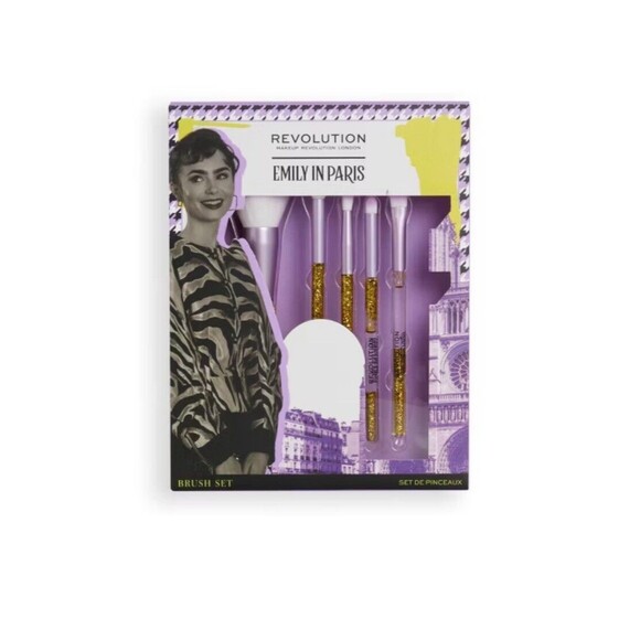 Emily In Paris Tres Chic 5-Pc Gold Glitter Makeup Brush Set By Makeup Revolution - Picture 1 of 4